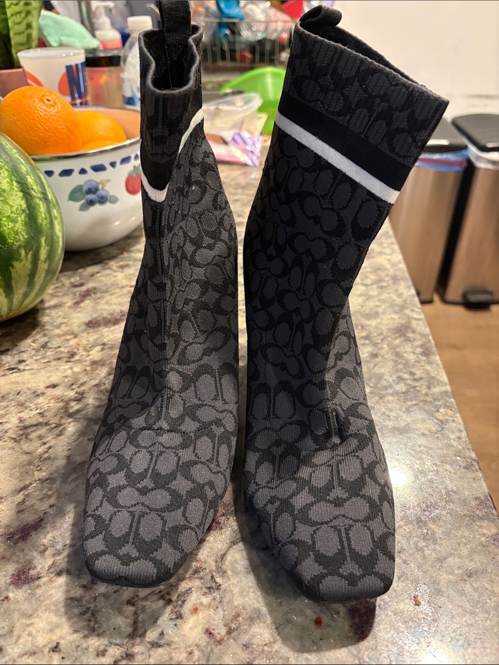 Coach Black Jacquard Logo Sock Boots with White Stripe